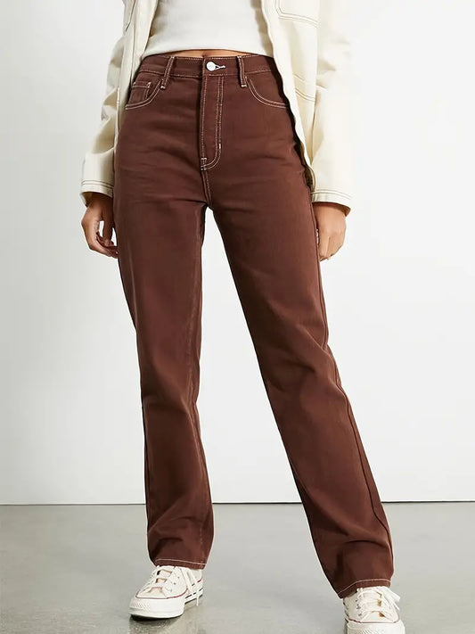 Brown High Waist Straight Leg Denim Jeans for Women