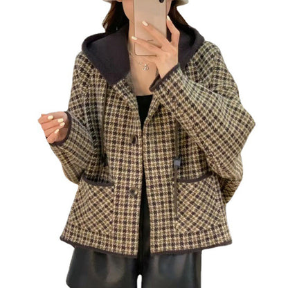 Vintage Plaid Hooded Women's Sweater Jacket Cardigan