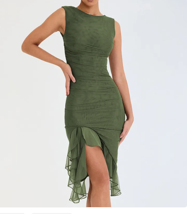 Asymmetric Ruched Midi Dress