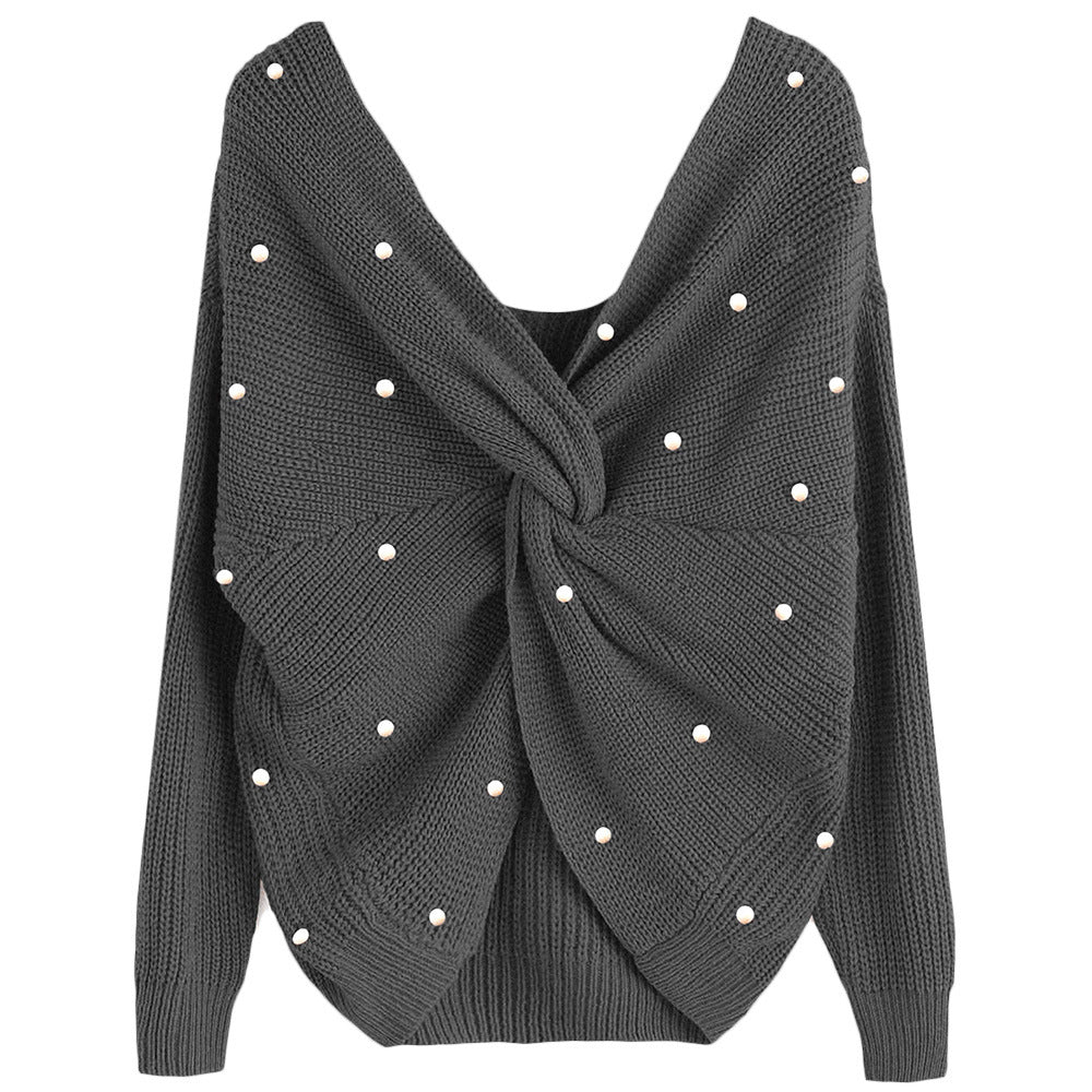 Irregular Cross-Back Pearl Knit Sweater, Loose Fit