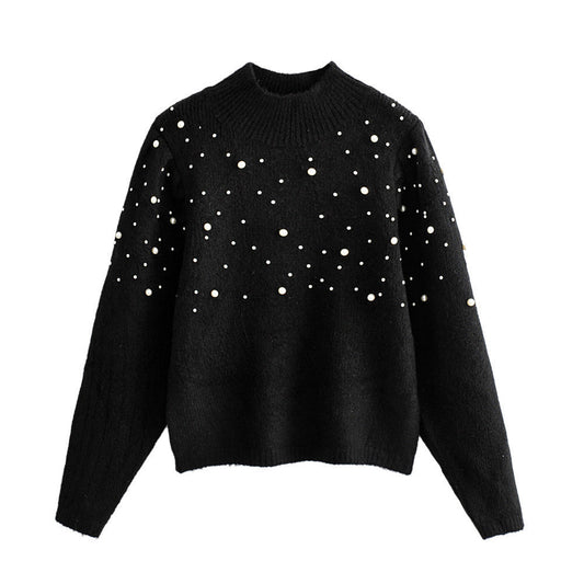 European Style Women's Sweater with Pearl Accents
