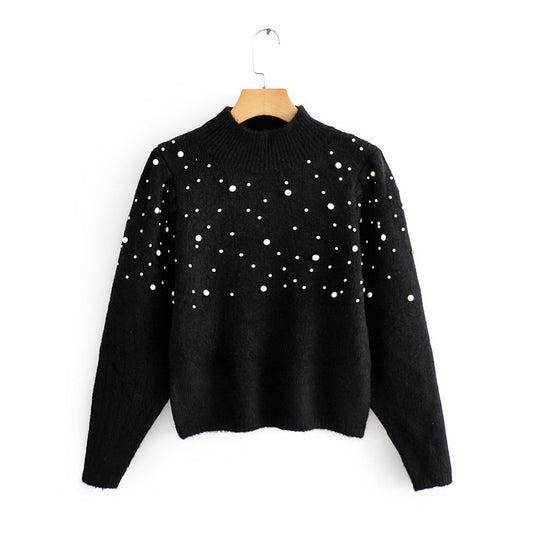 European Style Women's Sweater with Pearl Accents