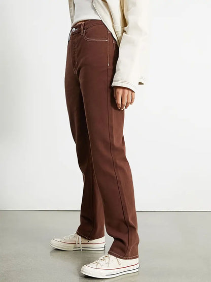 Brown High Waist Straight Leg Denim Jeans for Women