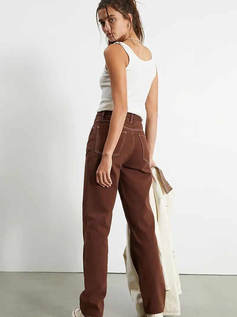 Brown High Waist Straight Leg Denim Jeans for Women