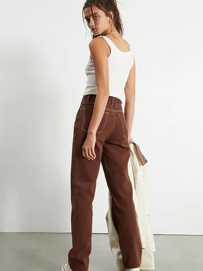 Brown High Waist Straight Leg Denim Jeans for Women