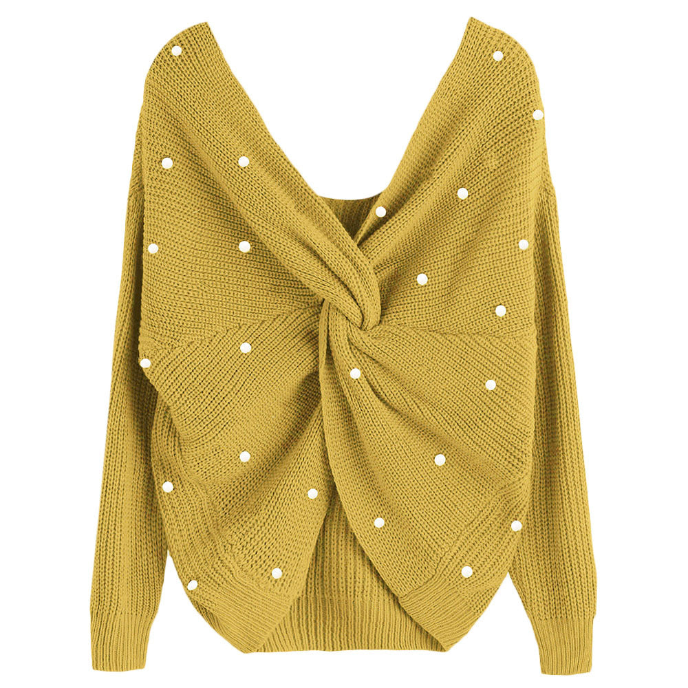 Irregular Cross-Back Pearl Knit Sweater, Loose Fit