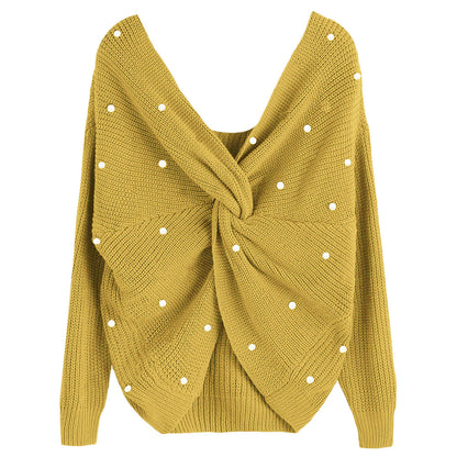 Irregular Cross-Back Pearl Knit Sweater, Loose Fit