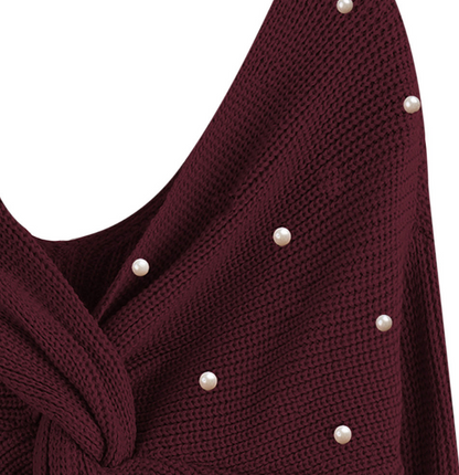 Irregular Cross-Back Pearl Knit Sweater, Loose Fit