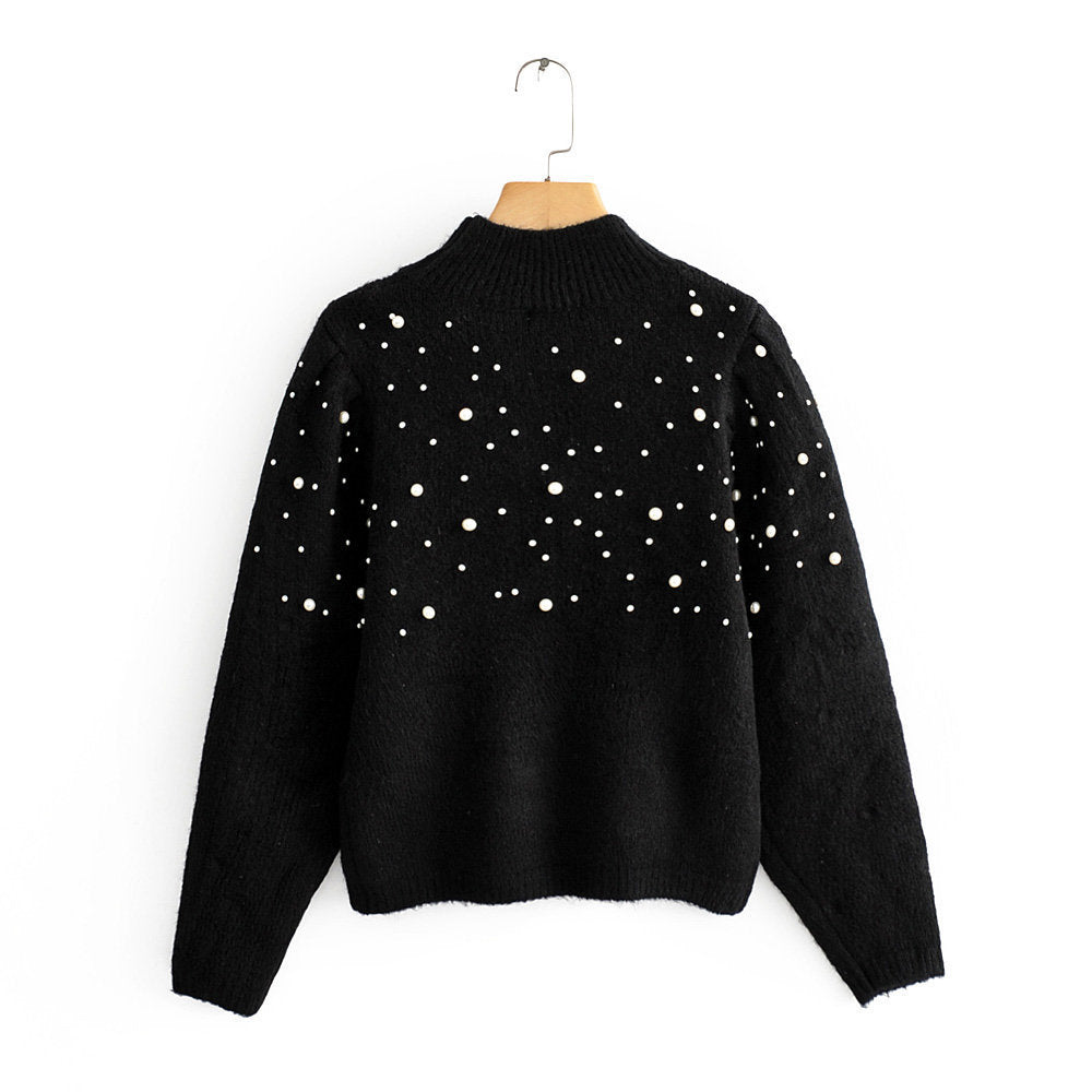 European Style Women's Sweater with Pearl Accents