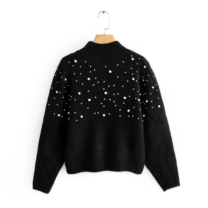 European Style Women's Sweater with Pearl Accents