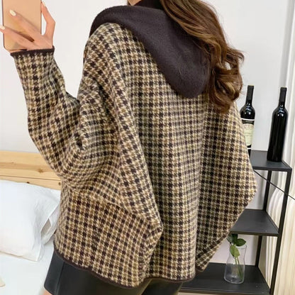Vintage Plaid Hooded Women's Sweater Jacket Cardigan