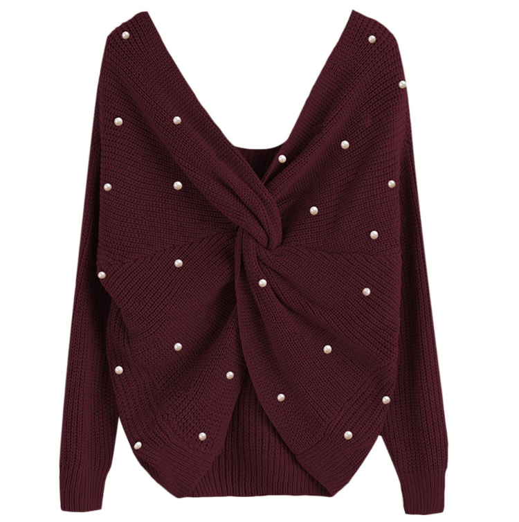 Irregular Cross-Back Pearl Knit Sweater, Loose Fit
