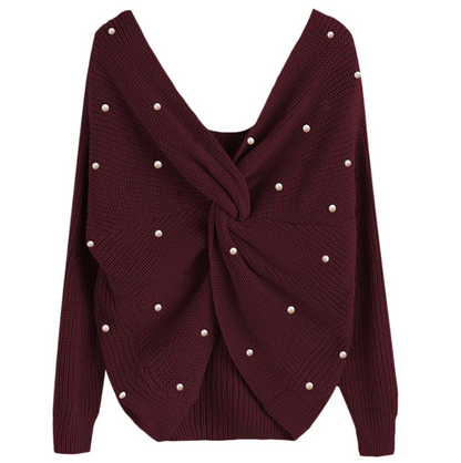 Irregular Cross-Back Pearl Knit Sweater, Loose Fit