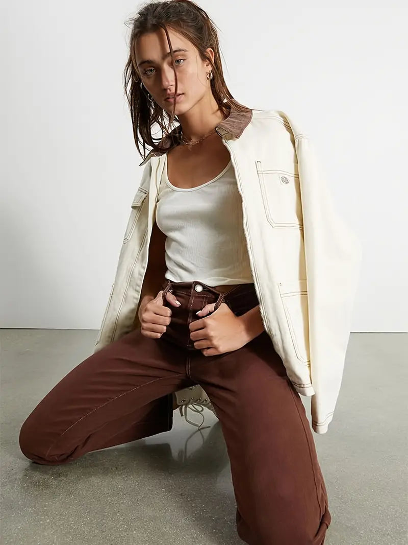 Brown High Waist Straight Leg Denim Jeans for Women