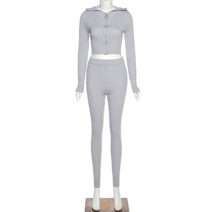 Hooded Long Sleeve Cardigan and Fitted Pants Set