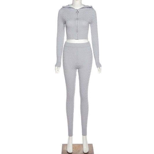Hooded Long Sleeve Cardigan and Fitted Pants Set