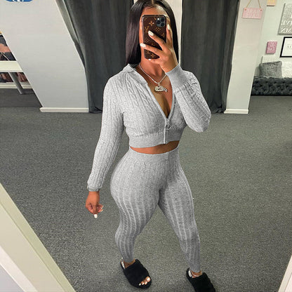 Hooded Long Sleeve Cardigan and Fitted Pants Set