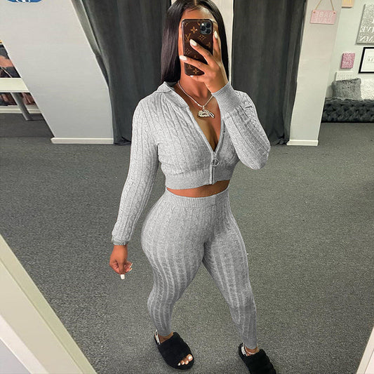 Hooded Long Sleeve Cardigan and Fitted Pants Set