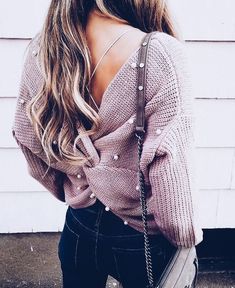 Irregular Cross-Back Pearl Knit Sweater, Loose Fit