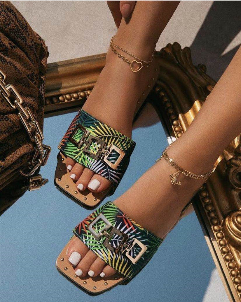 Leopard Print Square Heel Beach Fashion Shoes